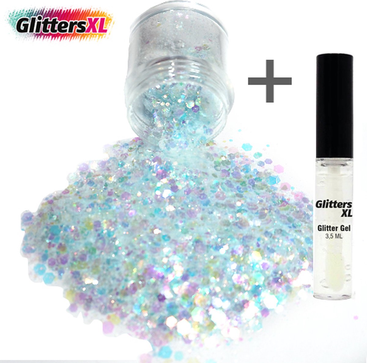 GlittersXL - Chunky Glitters (Lichtblauw) (Volume 8g) + Glitter Huid Lijm [Festival Makeup Gezicht Lichaam - Face Body Glitter - Biologisch afbreekbaar - Versiering Dames Volwassen Kinderen]